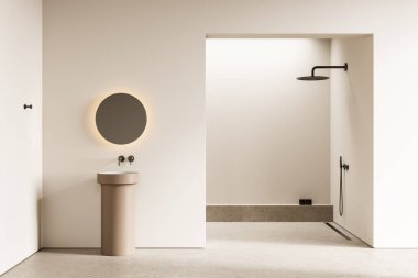 Yuvarlak aynalı minimalist banyo, kaidesel lavabo ve tarafsız bir arkaplanda duşlar. Modern tasarım kavramı. 3B Hazırlama