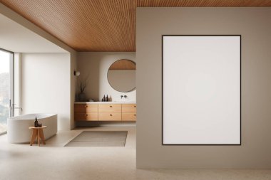 Geniş bir banyo. Duvarında büyük boş çerçeveli bir poster, ahşap elementler ve modern eşyalar var. İç tasarım kavramı. 3B Hazırlama