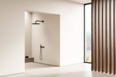 Bej rengi otel banyosu manzarası duşlu, tahta çıtçıtlı, beton döşemeli. Kırsal kesimde panoramik pencereli banyo alanı. 3B görüntüleme