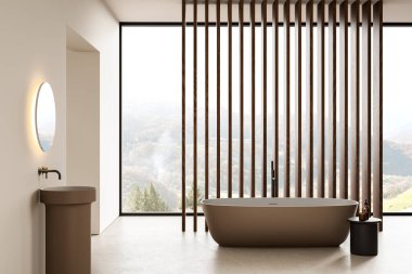 Bej ev banyosu. Lavabosu, aynası ve küveti var. Kırsal kesimlerde tahta levhalar ve panoramik pencereler. Mobilyaları ve aksesuarları olan şık bir banyo alanı. 3B görüntüleme