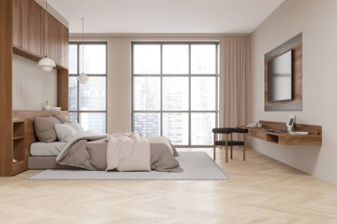 Klasik ev yatak odası, televizyon ekranı, dizüstü bilgisayarlı çalışma masası. Modern dairede uyku ve çalışma alanı. Singapur gökdelenlerinin panoramik penceresi. 3B görüntüleme