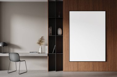 Modern ofisin tahta duvarında boş bir poster, sandalye, masa ve raflar. Tarafsız renklerde minimalist tasarım. 3B görüntüleme