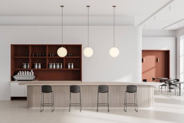 Bar tezgahı ve taburesi olan şık bir kafe, beton zeminde sıra sıra yemek masaları. Kahve makinesi ve tabaklarla nefis bir yemek odası. 3B görüntüleme