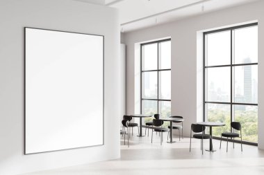 Restoranın iç manzarası, yemek masaları, sandalyeler, beton zemin. Gökdelenlerin panoramik penceresi. Duvar bölmesindeki tuval posteri. 3B görüntüleme