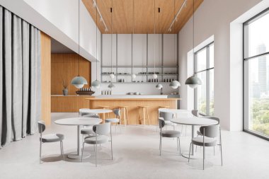 Minimalist masalar, sandalyeler, ahşap aksanlar, büyük pencereler ve çağdaş ışıklandırmalarla süslü bir kafe. 3B Hazırlama