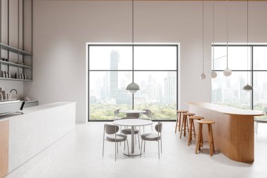 Bar tezgahlı şık bir kafe, sandalyeli yuvarlak yemek masaları. Raflı ve bulaşıklı minimalist yemek alanı. Bangkok gökdelenlerinin panoramik penceresi. 3B görüntüleme