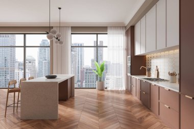 Geniş pencereli, ahşap zeminli ve modern aletli çağdaş mutfak. Arka planda şehrin ufuk çizgisi görünüyor. 3B Hazırlama