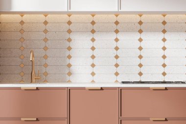 Stylish kitchen featuring geometric backsplash tiles and sleek cabinetry. Modern design with warm tones on a neutral background. 3D Rendering clipart