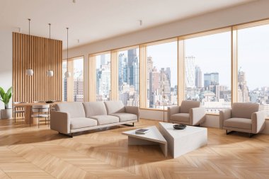 Şehir manzaralı geniş pencereli kanepeleri, sandalyeleri ve geometrik tablosu olan modern oturma odası. 3B Hazırlama