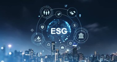 Gece şehir manzarası üzerinde dijital ESG simgeleri, bir iş bağlamında çevre, sosyal ve yönetim kavramlarını simgeler