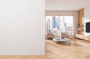 Boş duvarları, modern mobilyaları, ahşap zemini, şehir manzarasını gösteren geniş pencereleri, minimalist iç mekanı olan geniş bir oturma odası. 3B Hazırlama