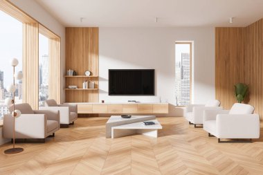 Beyaz ve ahşap oturma odasının içinde dört koltuk var. Raflı ve dekorasyonlu televizyon ve büfe. New York gökdelenlerinin panoramik penceresi. 3B görüntüleme