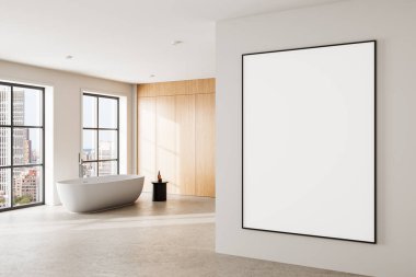 Geniş bir banyo, duvarında boş çerçeveli bir tuval, içinde küvet ve büyük pencereler var. Minimalist iç tasarım. 3B Hazırlama