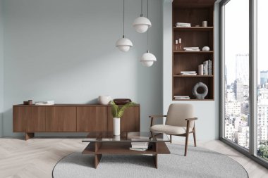 Ortaçağ modern oturma odası ahşap mobilyalar, kolye ışıkları ve geniş pencereli. Şehir planında minimalist bir tarz. 3B Hazırlama