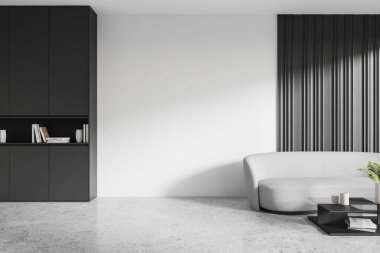 Modern mobilyalarla dolu zarif bir oturma odası, gri bir kanepe, siyah bir dolap ve mermer bir zeminde aksan masası. 3B Hazırlama