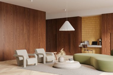 Ahşap ev içi çalışma masası ve dizüstü bilgisayar köşesi koltukları ve kanepesi olan dinlenme odası. Halı döşeli kahve masası, ahşap zemin. 3B görüntüleme 