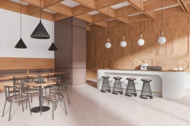 Ahşap ve bej kafenin köşesi. Bar tezgahı ve taburesi var. Yemek masaları ve koltuklar sıralansın. Çağdaş restoranda lüks yemek alanı. 3B görüntüleme