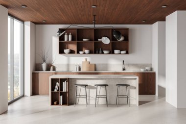 Beyaz ve ahşap mutfak iç mimarisi taş bar adası, lavabo ve elektrikli soba dekorasyon ve mutfak gereçleri. Panoramik pencereli yemek dolabı. 3B görüntüleme