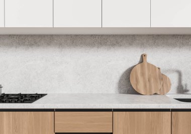 Beyaz ve ahşap mutfak içi lavabo, gaz sobası, boş taş tezgah. Lüks dairede şık, minimalist yemek pişirme alanının kapanışı. 3B görüntüleme
