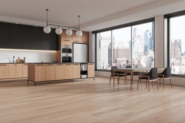 Geniş modern mutfak, ahşap dolaplar, yemek alanı, şehir manzarası. Minimalist tasarım ve bol doğal ışık. 3B Hazırlama