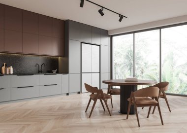 Şık mutfak tasarımı ve ahşap yemek takımı. Açık hava manzaralı geniş bir pencereye dayanıyor. 3B Hazırlama