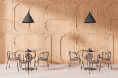 Şık bir restoran, sandalyeler, yuvarlak masalar, parlak beton zemin. Geometrik ahşap duvarı ve lambaları olan rahat bir kafe. 3B görüntüleme