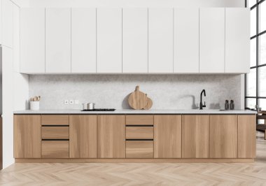 Klasik ev mutfağı. Yemek masası ve sandalyeler. Ahşap zeminde beyaz ve ahşap mutfak dolabı. Tropik bölgelerde panoramik pencereli minimalist beslenme alanı. 3B görüntüleme