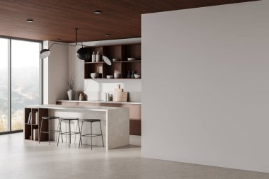 İçinde boş bir duvar, şık mobilyalar ve büyük pencerelerden gelen doğal ışık bulunan modern bir mutfak. Uzay ve düzen kavramı. 3B Hazırlama