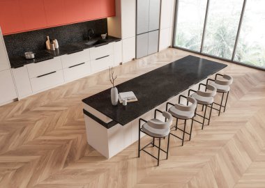 Barın içi, sandalyeler, buzdolabı ve tropiklerin panoramik penceresi olan kırmızı beyaz dolaplar. Ahşap zeminde yemek ve pişirme alanı. 3B görüntüleme