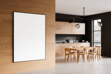 Ahşap bir duvarda ahşap bir mutfak ortamında ahşap mobilyalar ve modern ışıklandırmayla dolu boş bir poster. İç tasarım kavramı. 3B Hazırlama