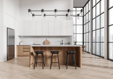 Beyaz ve ahşap mutfak, bar adası, sandalyeli yemek masası. Şehrin gökdelenlerinin panoramik penceresi. Mutfak gereçleriyle mutfak dolabı. 3B görüntüleme