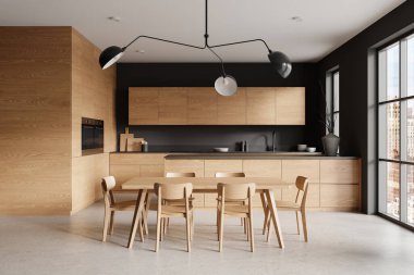 Contemporary kitchen interior featuring wooden cabinets and dining table. Minimalist style on a neutral background. Concept of luxury. 3D Rendering. clipart