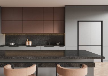 Karanlık kuvars tezgahı, dolabı ve rafları, lavabosu ve buzdolabı olan karanlık bir ev mutfağı. Modern dairede şık bir aşçılık alanı. 3B görüntüleme