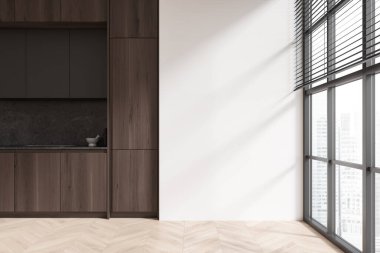 Koyu ahşap mutfak iç mimarisi şık tasarımı, gökdelenlerin panoramik penceresi. Mutfak gereçleri olan şık bir yemek alanı. Model boş beyaz duvar. 3B görüntüleme