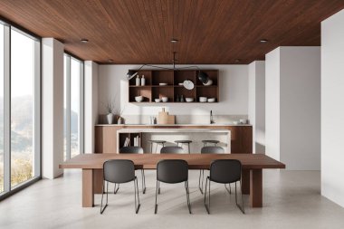 Beyaz ve ahşap mutfak masası, sandalyeli taş bar adası, dekorasyon ve mutfak gereçleri. Panoramik pencereli yemek dolabı. 3B görüntüleme