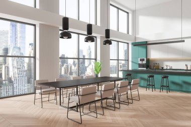 Geniş pencereli, şık mobilyalı, yeşil aksanlı ve şehir manzaralı geniş modern yemek alanı. Çağdaş iç tasarım. 3B Hazırlama