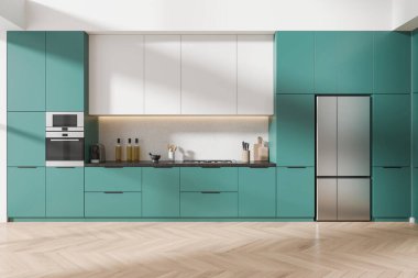 Gizli tasarımı olan yeşil beyaz ev mutfağı. Gaz ocağı, mutfak gereçleri, kahve makinesi ve buzdolabı. Ahşap zeminde renkli pişirme alanı. 3B görüntüleme