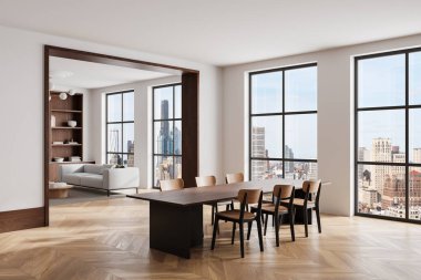 Oturma odasının iç mekan manzarası sandalyeli yemek masası, raf ve dekorasyonlu kanepe, ahşap zemin. New York gökdelenlerinin panoramik penceresi. 3B görüntüleme