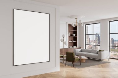 Modern ev oturma odasının köşesinde kanepe ve koltuklar, dekorasyonlu raflar. Gökdelenlerin panoramik pencereli dinlenme alanı. Duvara çadır bezi posteri asın. 3B görüntüleme