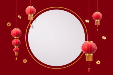 Kırmızı Çin fenerleri ve altın sikkeler kırmızı arka planda ve ortasında dairesel bir model alanı var. Kutlama anlayışı. 3B Hazırlama