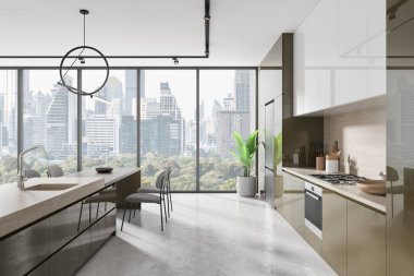 Zarif ev mutfağı, bar adası, sandalyeler, beton zemin. Mutfak gereçleri, lavabo ve buzdolabı dolu yemek dolabı. Bangkok gökdelenlerinin panoramik penceresi. 3B görüntüleme