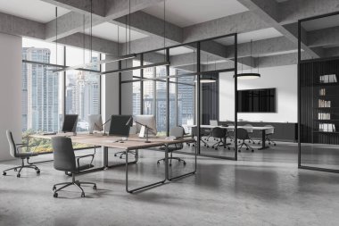 Cam bölümler ve şehir manzaralı modern açık ofis iç mimarisi, parlak mobilyalar ve minimal tasarım içeriyor. İş konsepti. 3B Hazırlama