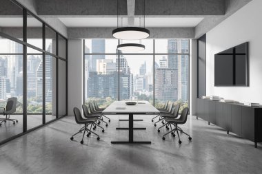 Geniş bir konferans odası, büyük masası, sandalyeleri ve manzarası var. Beton arka planda minimalist ofis içi. Şirket konsepti. 3B Hazırlama