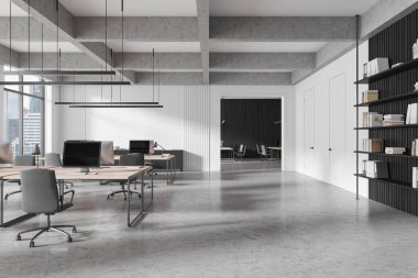 Geniş modern ofis, açık alan ve minimalist tasarım, masalar ve raflar. Parlak, profesyonel bir geçmişi var. 3B Hazırlama