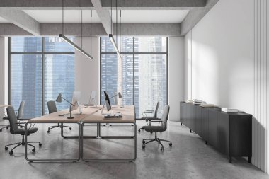 Geniş, modern ofis içi geniş pencereleri ve çalışma istasyonları var. Minimalist tasarımı var. Çağdaş iş ortamı kavramı. 3B Hazırlama