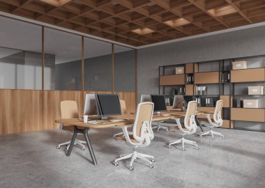 Ahşap ofis manzarası, ortak çalışma alanı, seramik zemindeki ortak masadaki bilgisayarlar. Raflı ve klasörlü cam işyeri. 3B görüntüleme