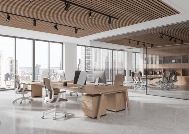 Ahşap aksanlı, geniş pencereli ve şehir manzaralı çağdaş ofis içi. Modern kurumsal çalışma alanı kavramı. 3B Hazırlama