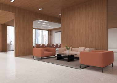İş manzarası, yumuşak bir yer, koltuklar ve sehpası olan kanepe. Projeksiyon ekranlı cam toplantı odası ve şehir gökdelenlerinin panoramik penceresi. 3B görüntüleme
