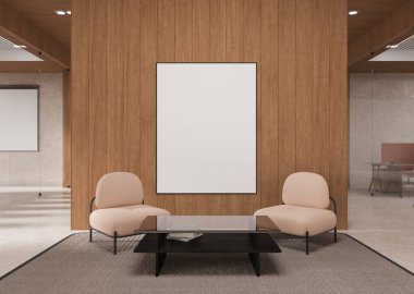 İki bej sandalye ile modern bir iç mekanda cam sehpa arasında tahta bir duvarda asılı boş çerçeveli poster modeli. 3B Hazırlama