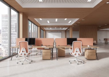 Masaları, sandalyeleri, geniş pencereleri, ahşap aksanları ve şehir manzarası olan çağdaş açık ofis içi. Modern çalışma alanı kavramı. 3B Hazırlama